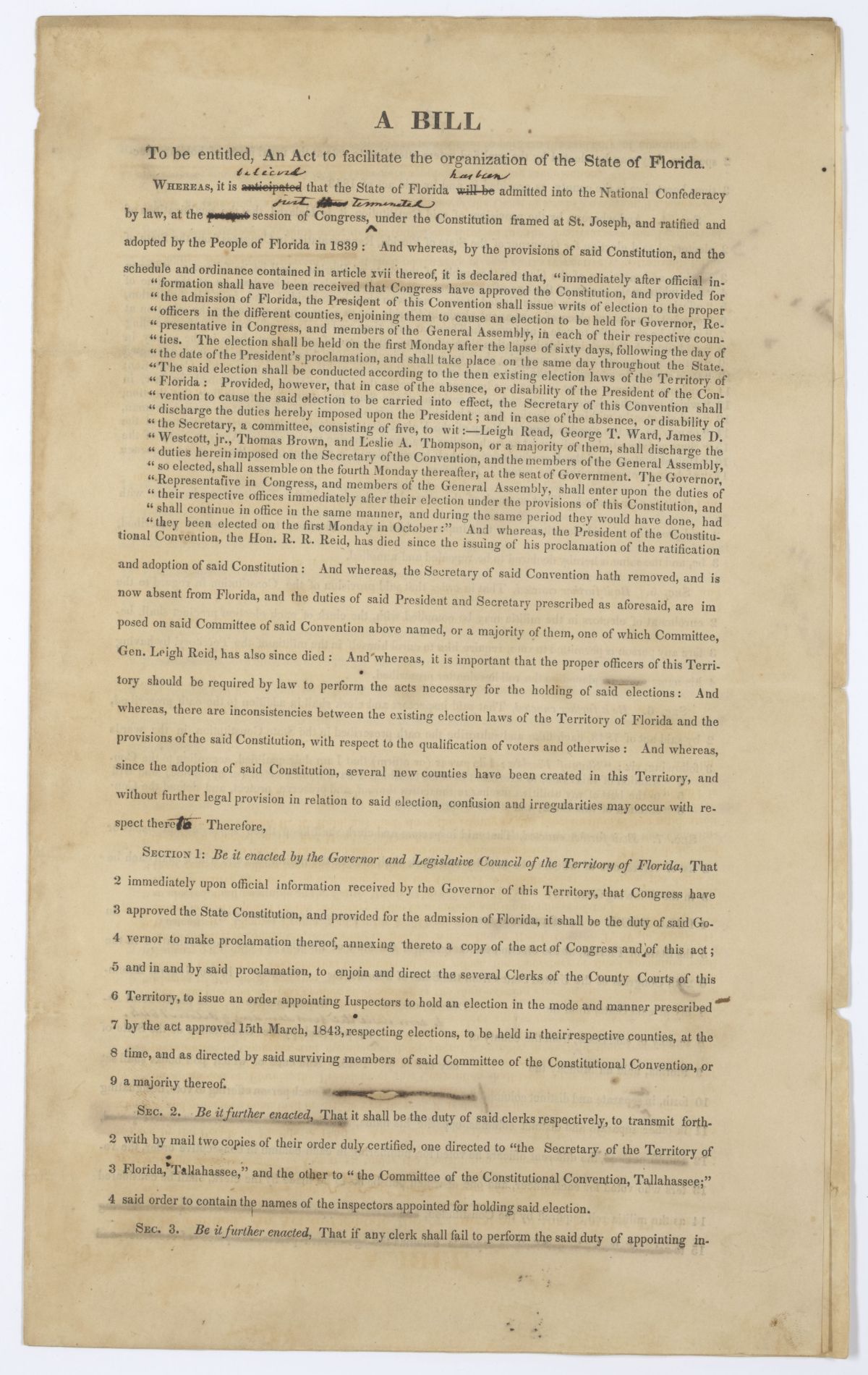 Draft of an Act to Facilitate the Organization of the State of Florida, 1845