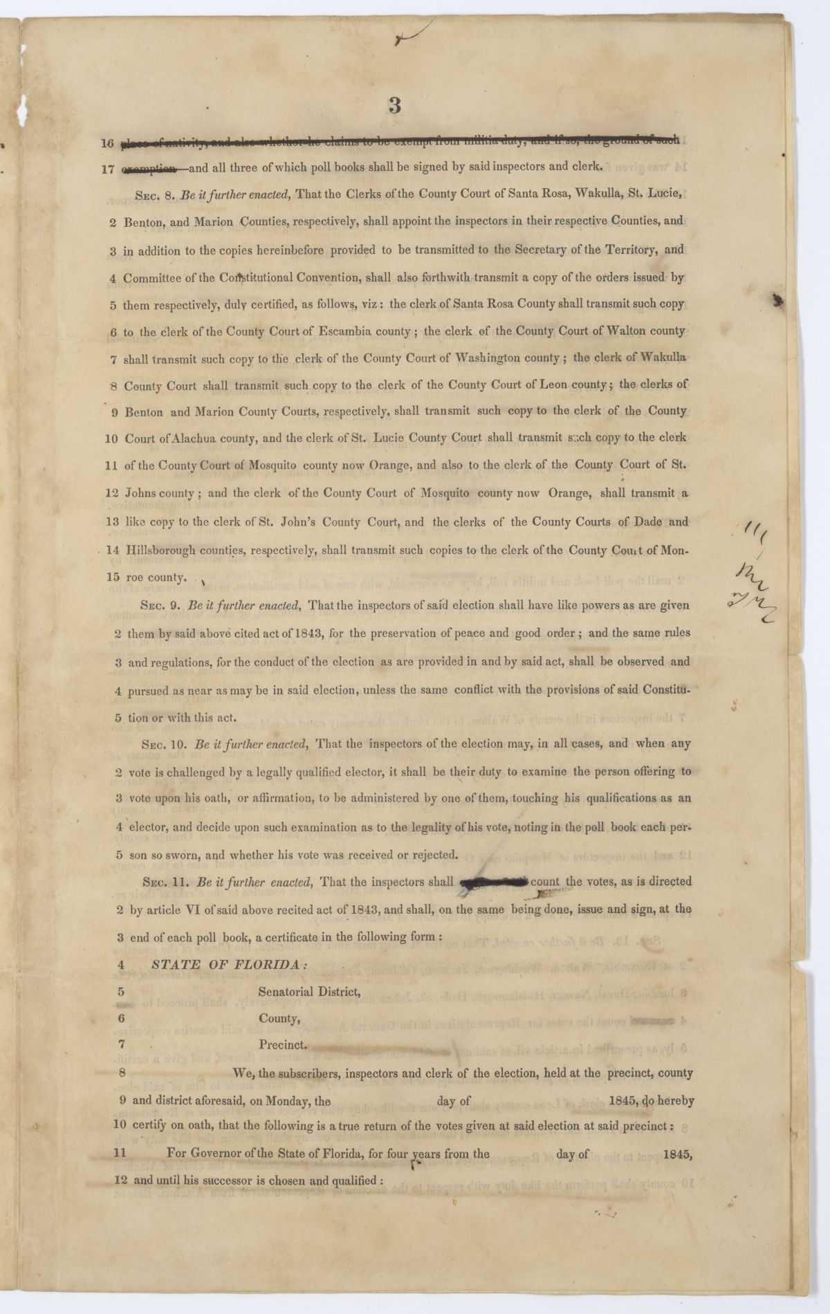 Draft of an Act to Facilitate the Organization of the State of Florida, 1845