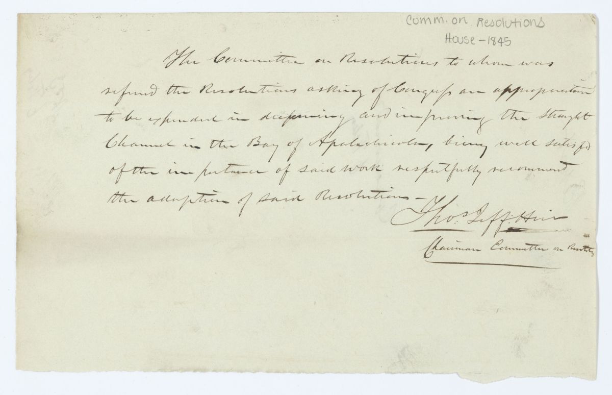 Report of the Committee on Resolutions to Whom Was Referred a Resolution Concerning Improving the Channel in Apalachicola Bay, circa 1845