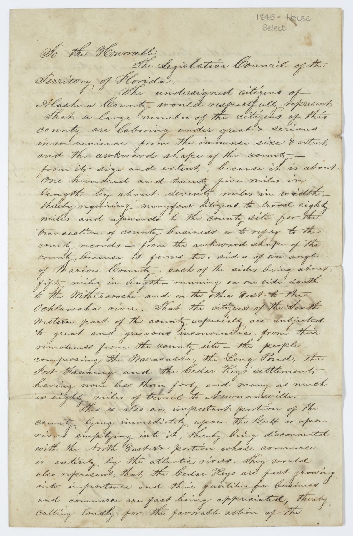 Petition of Citizens of Alachua County Requesting a Division of the County, circa 1845