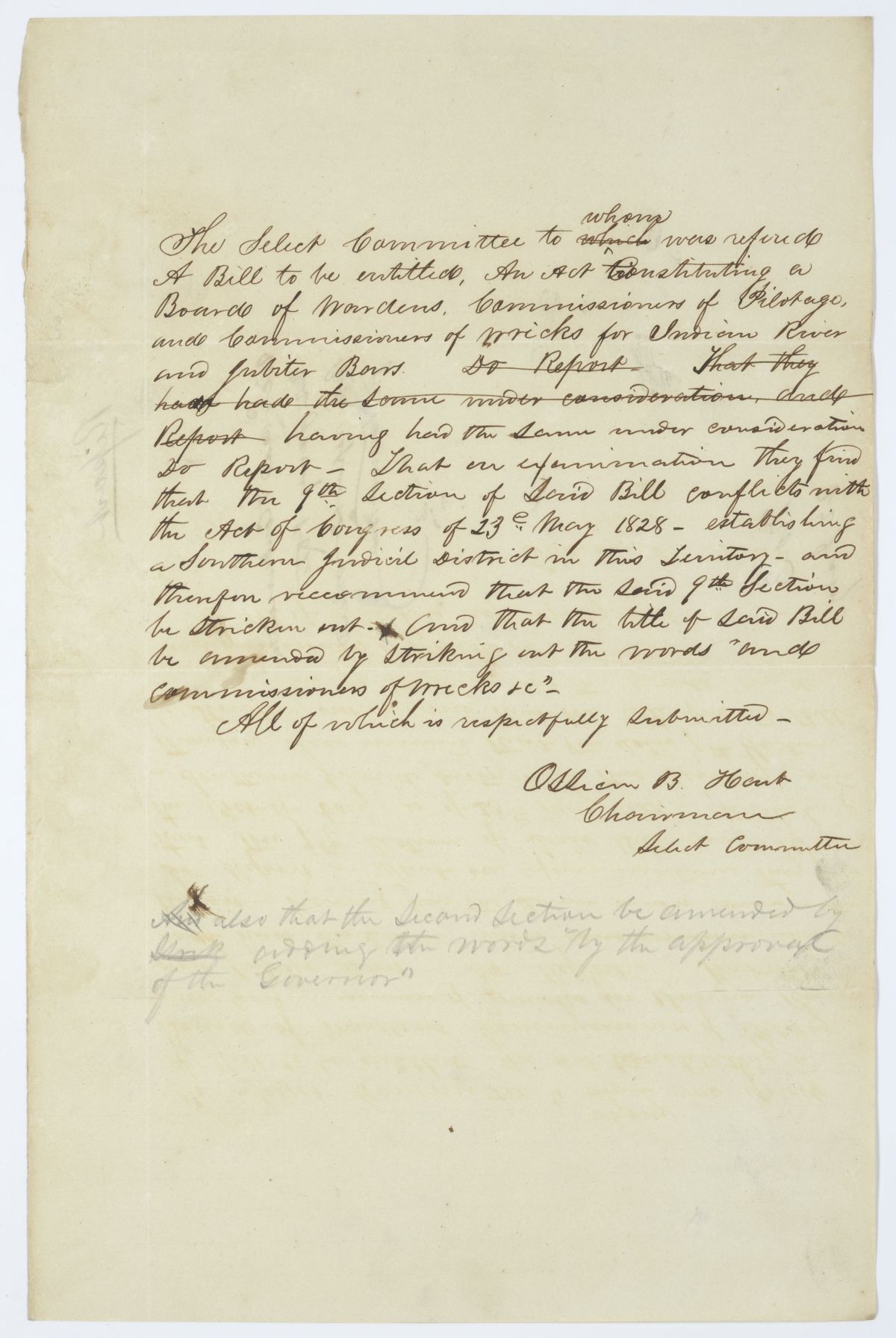 Report of the Select Committee to Whom Was Referred a Bill on Port Wardens, Pilotage and Wrecks for Indian River and Jupiter, circa 1845