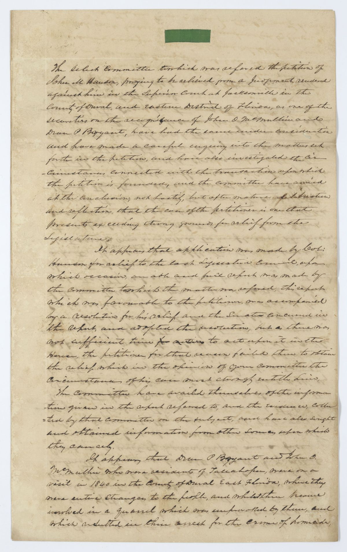 Report of the Select Committee to Whom Was Referred the Petition of John M. Hanson Requesting to Be Released from a Judgment, circa 1845