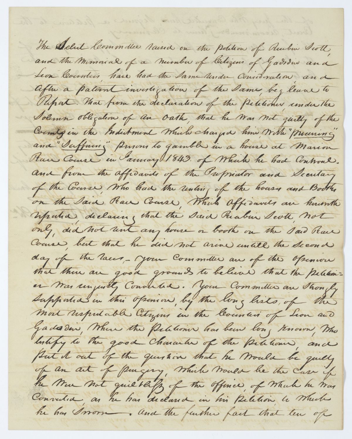 Report of the Select Committee Charged with Examining the Petition of Reubin Scott, circa 1845