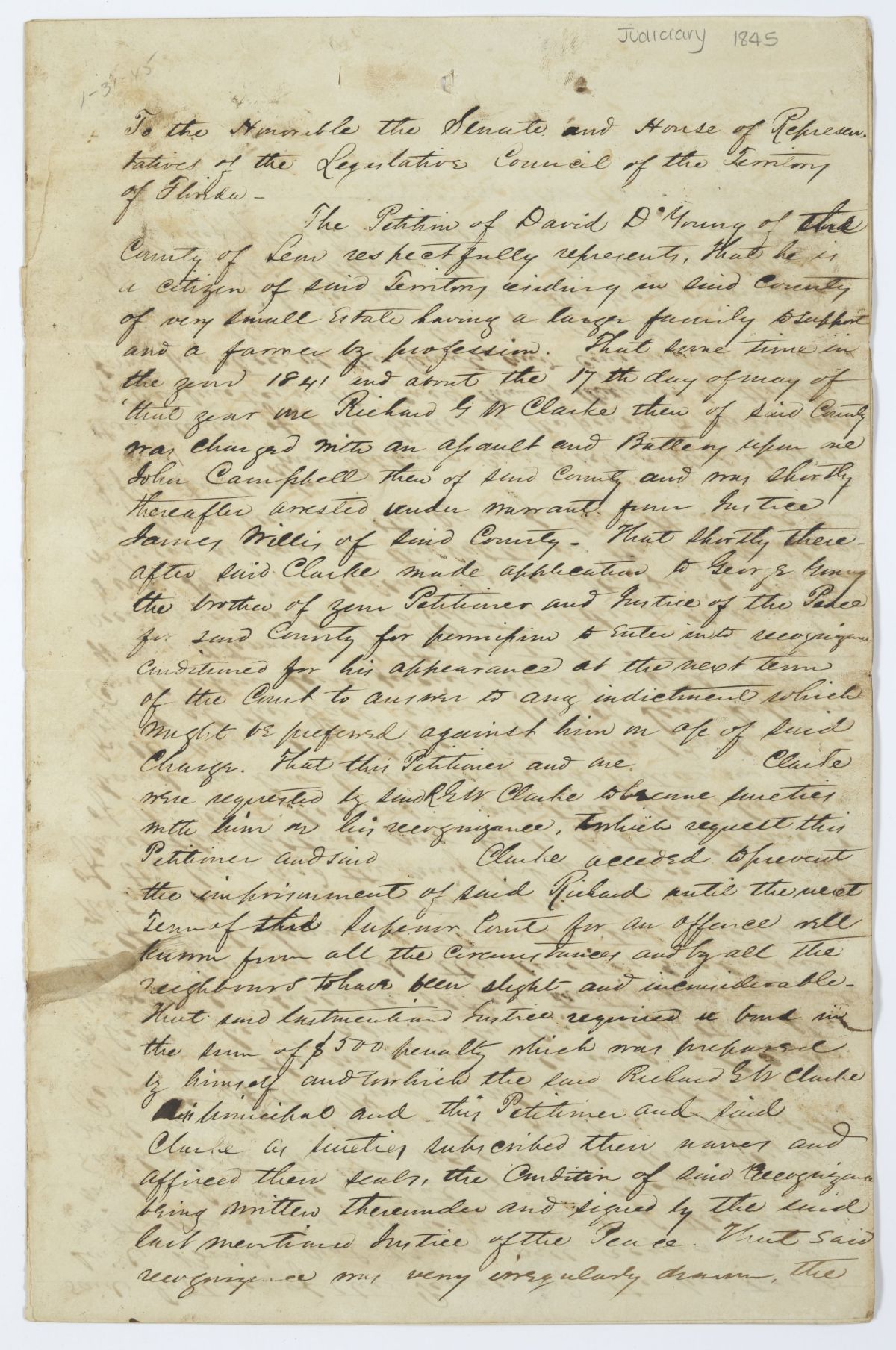 Petition of David D. Young Requesting to Be Released from a Judgment Levied Against Him for a Forfeited Recognizance, 1845