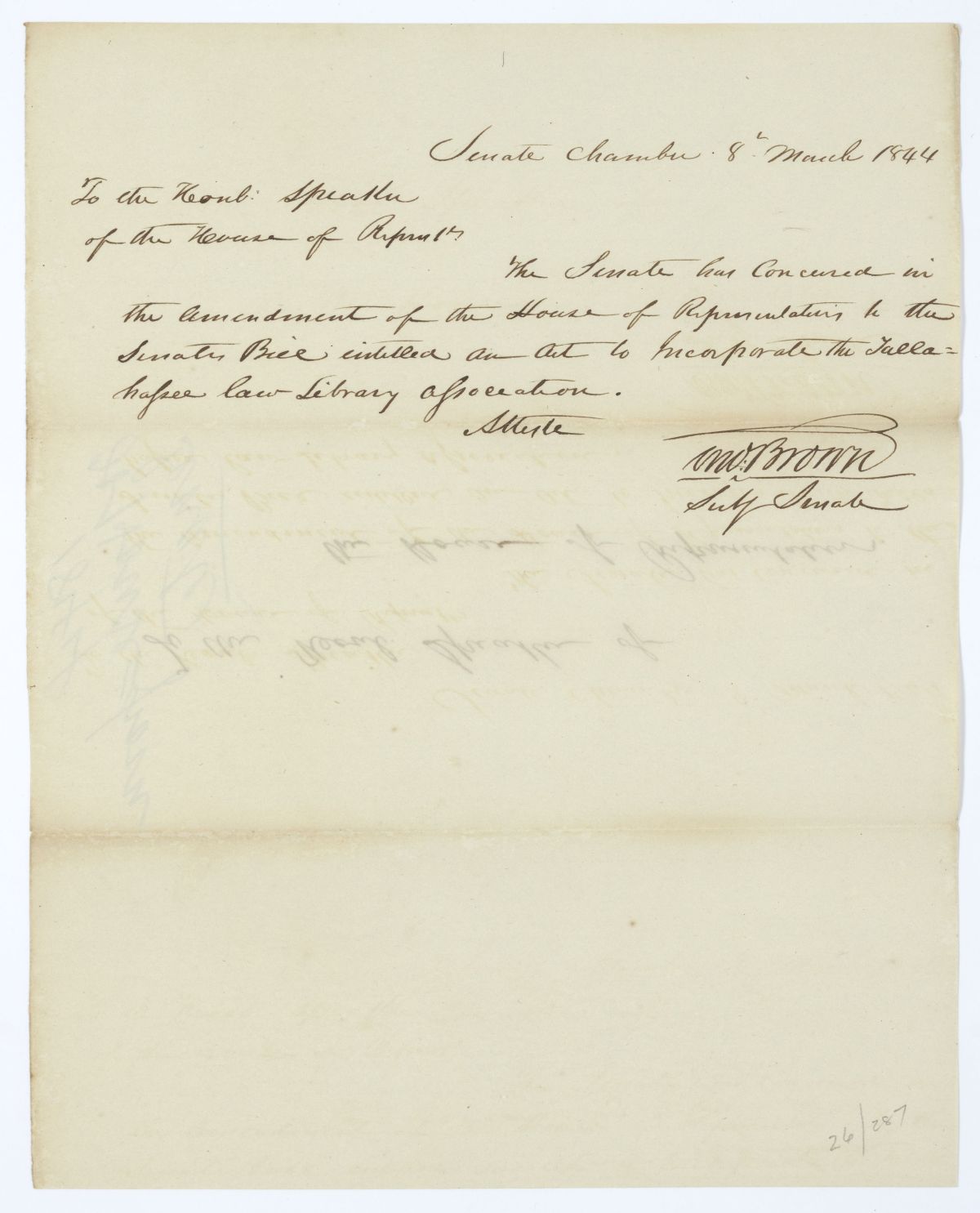 Letter from Thomas Brown to the Speaker of the House of Representatives Regarding an Act to Incorporate a Law Library Association, 1844