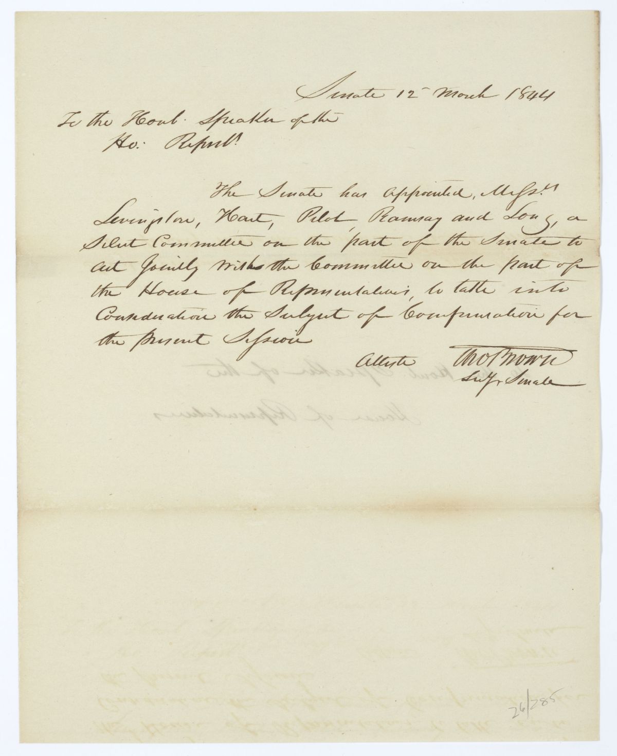 Letter from Thomas Brown to the Speaker of the House of Representatives Regarding a Joint Select Committee, 1844