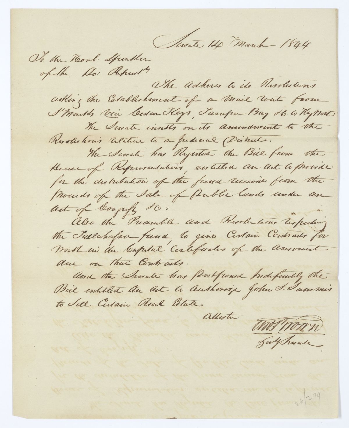 Letter from Thomas Brown to the Speaker of the House of Representatives Regarding Several Bills and Resolutions, 1844