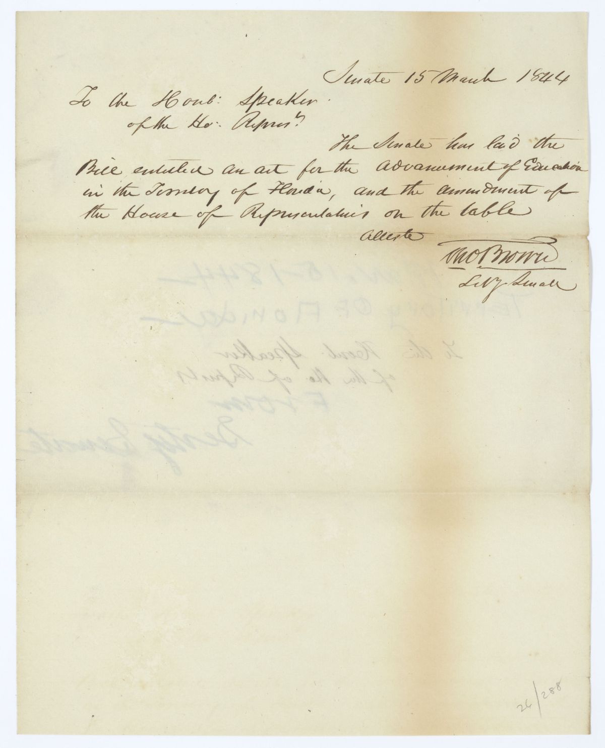 Letter from Thomas Brown to the Speaker of the House of Representatives Regarding a Bill for the Advancement of Education, 1844