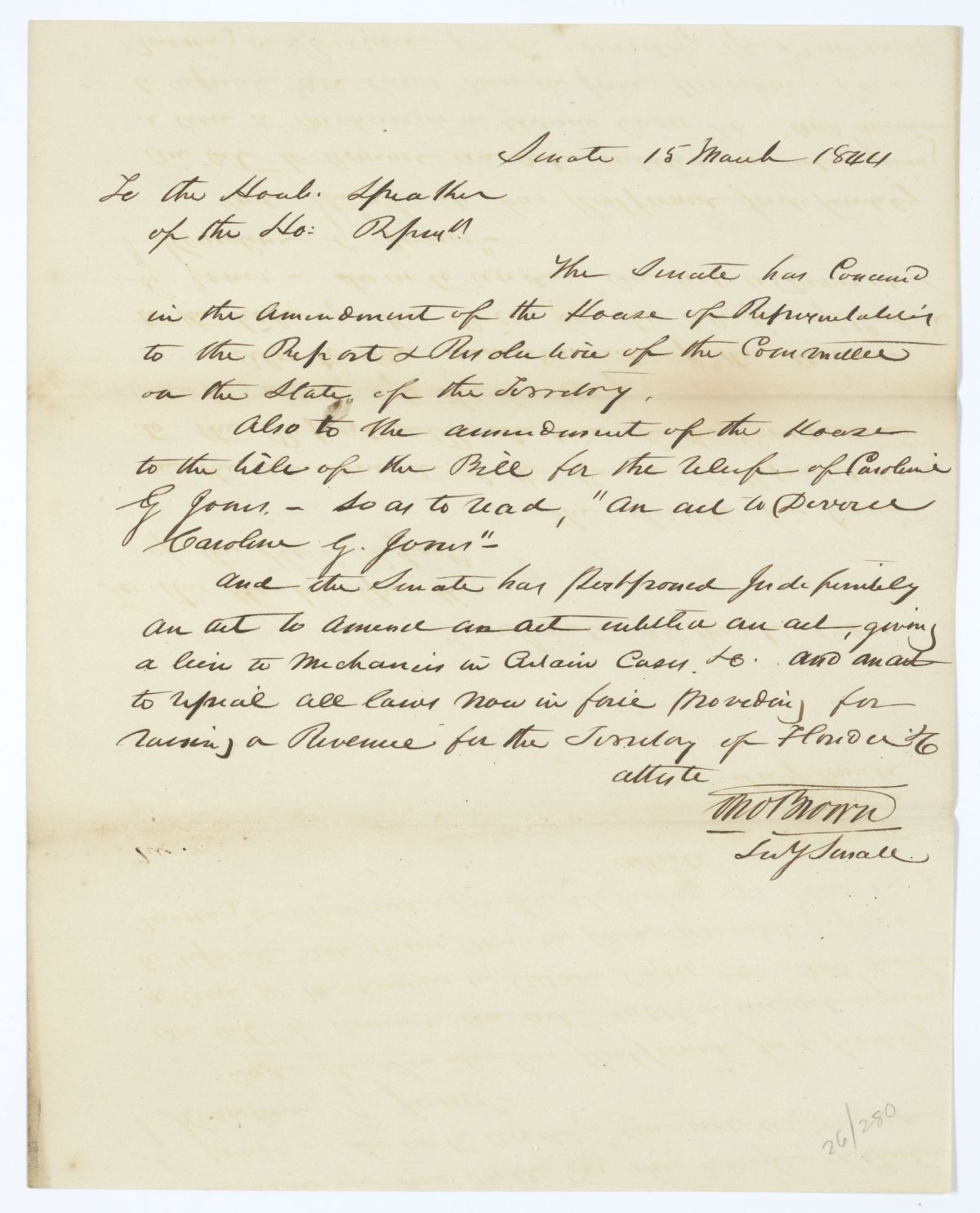 Letter from Thomas Brown to the Speaker of the House of Representatives Regarding Two Bills and a Resolution, 1844