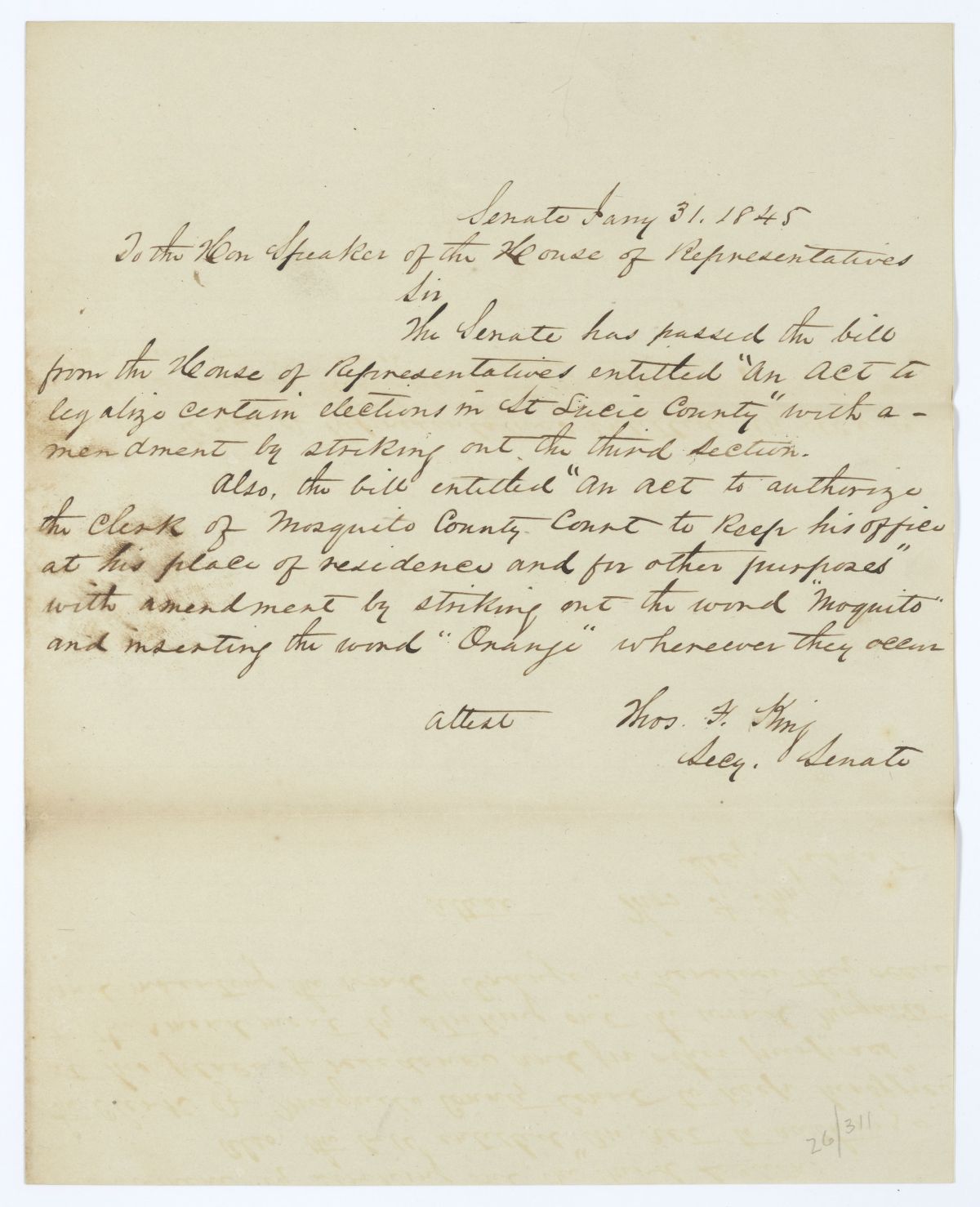 Letter from Thomas F. King to the Speaker of the House of Representatives Regarding Two Bills, 1845