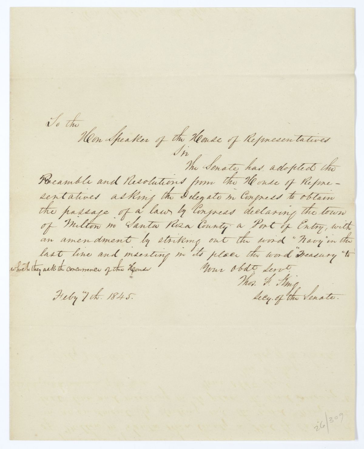 Letter from Thomas F. King to the Speaker of the House of Representatives Regarding a Resolution on a Port of Entry, 1845