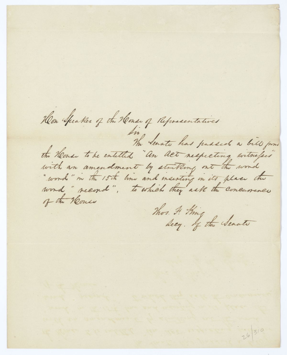 Letter from Thomas F. King to the Speaker of the House of Representatives Regarding a Bill Respecting Witnesses, 1845