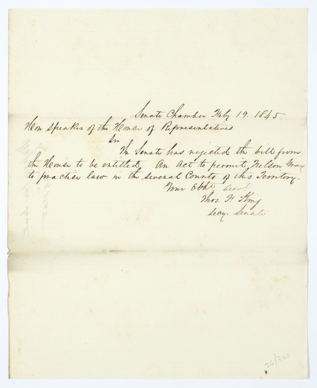 Letter from Thomas F. King to the Speaker of the House of Representatives Regarding a Bill to Permit Nelson May to Practice Law, 1845