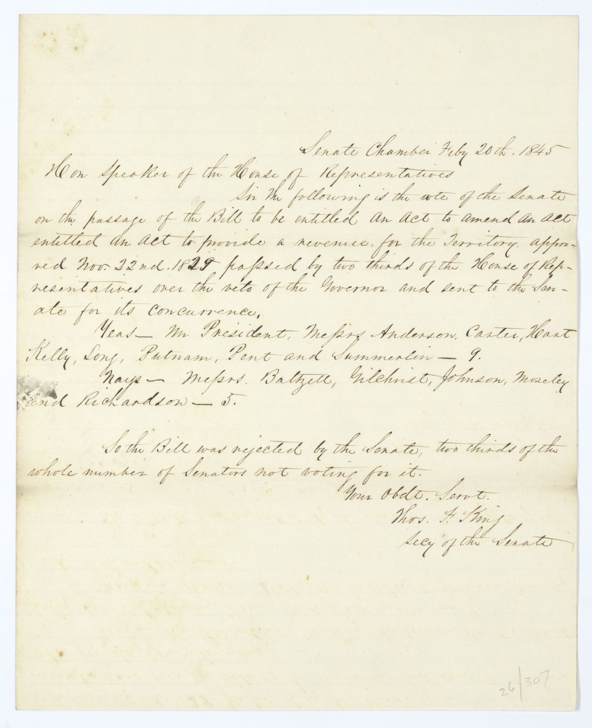 Letter from Thomas F. King to the Speaker of the House of Representatives Regarding a Bill to Amend an Act to Provide Revenue, 1845