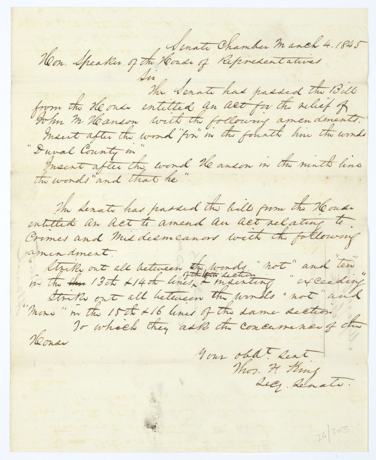 Letter from Thomas F. King to the Speaker of the House of Representatives Regarding Two Bills, 1845