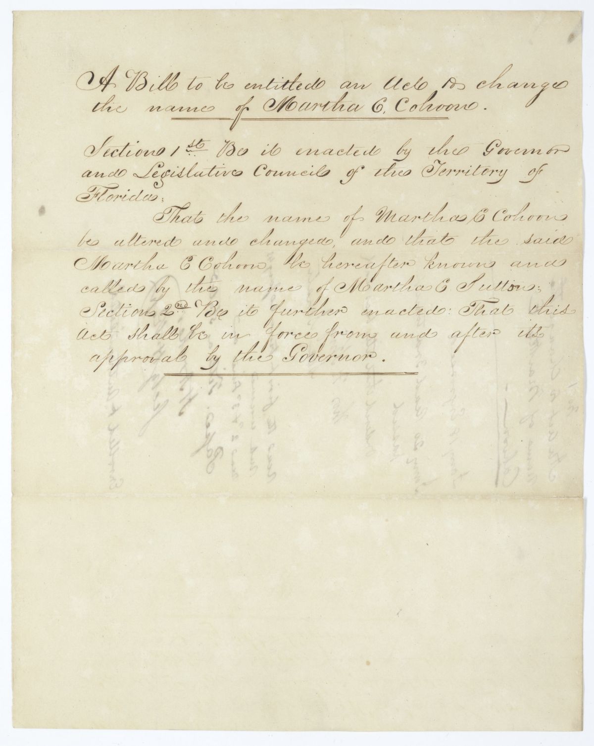 Draft of an Act to Change the Name of Martha E. Cahoon, 1845