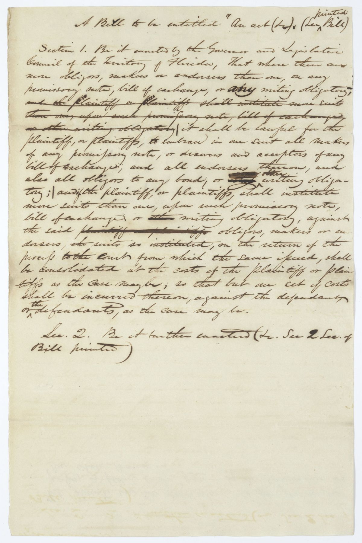 Three Drafts of an Act to Consolidate Civil Actions in Certain Cases, circa 1845