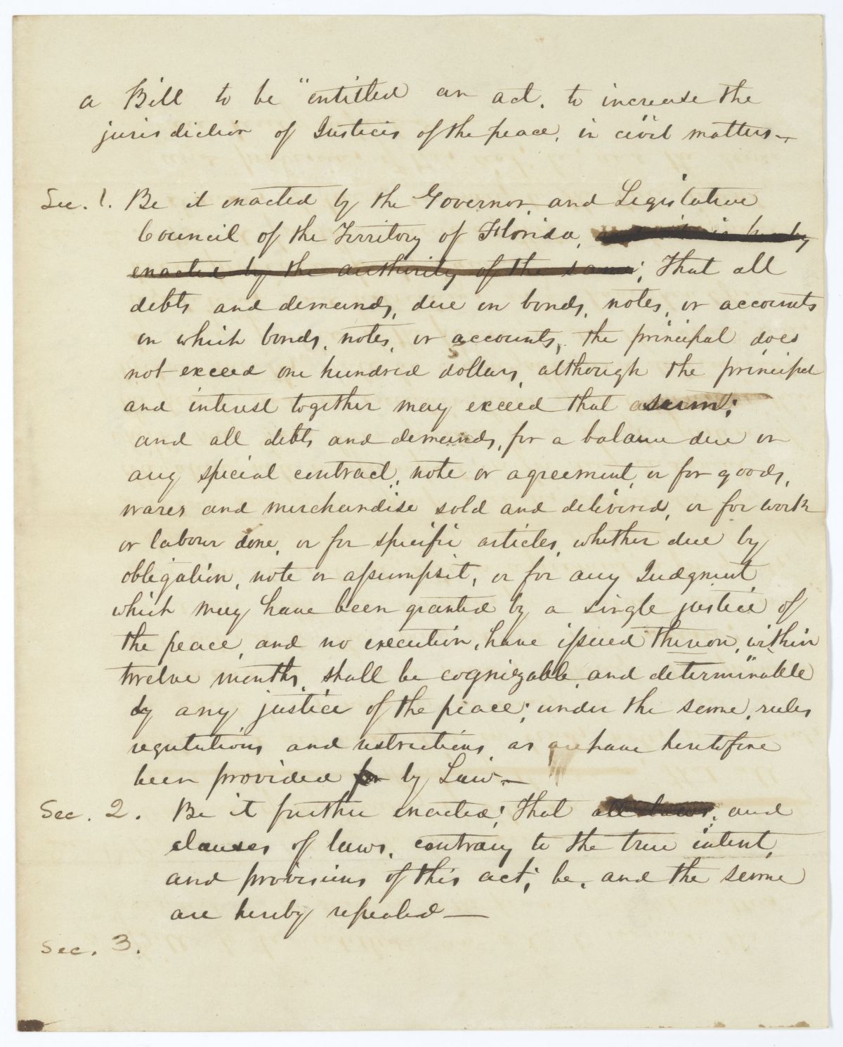 Draft of an Act to Increase the Jurisdiction of Justices of the Peace in Civil Matters, circa 1845