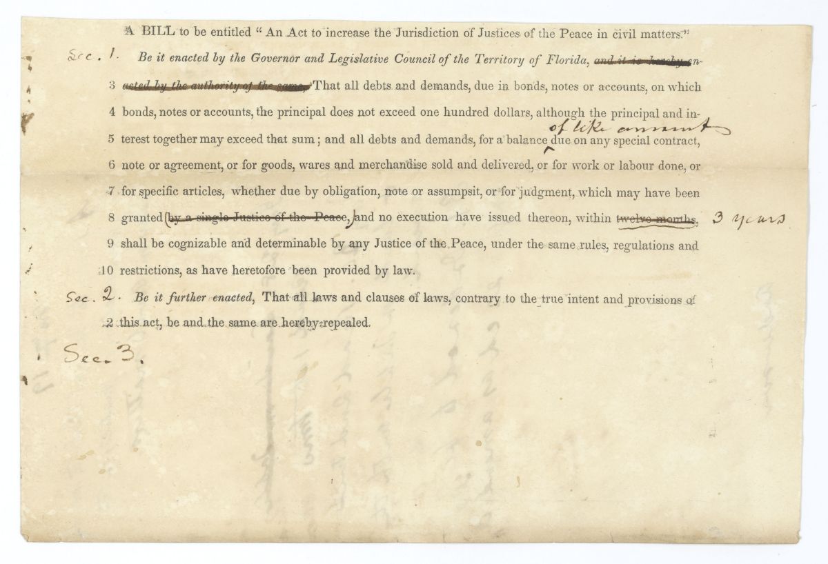 Draft of an Act to Increase the Jurisdiction of Justices of the Peace in Civil Matters, circa 1845