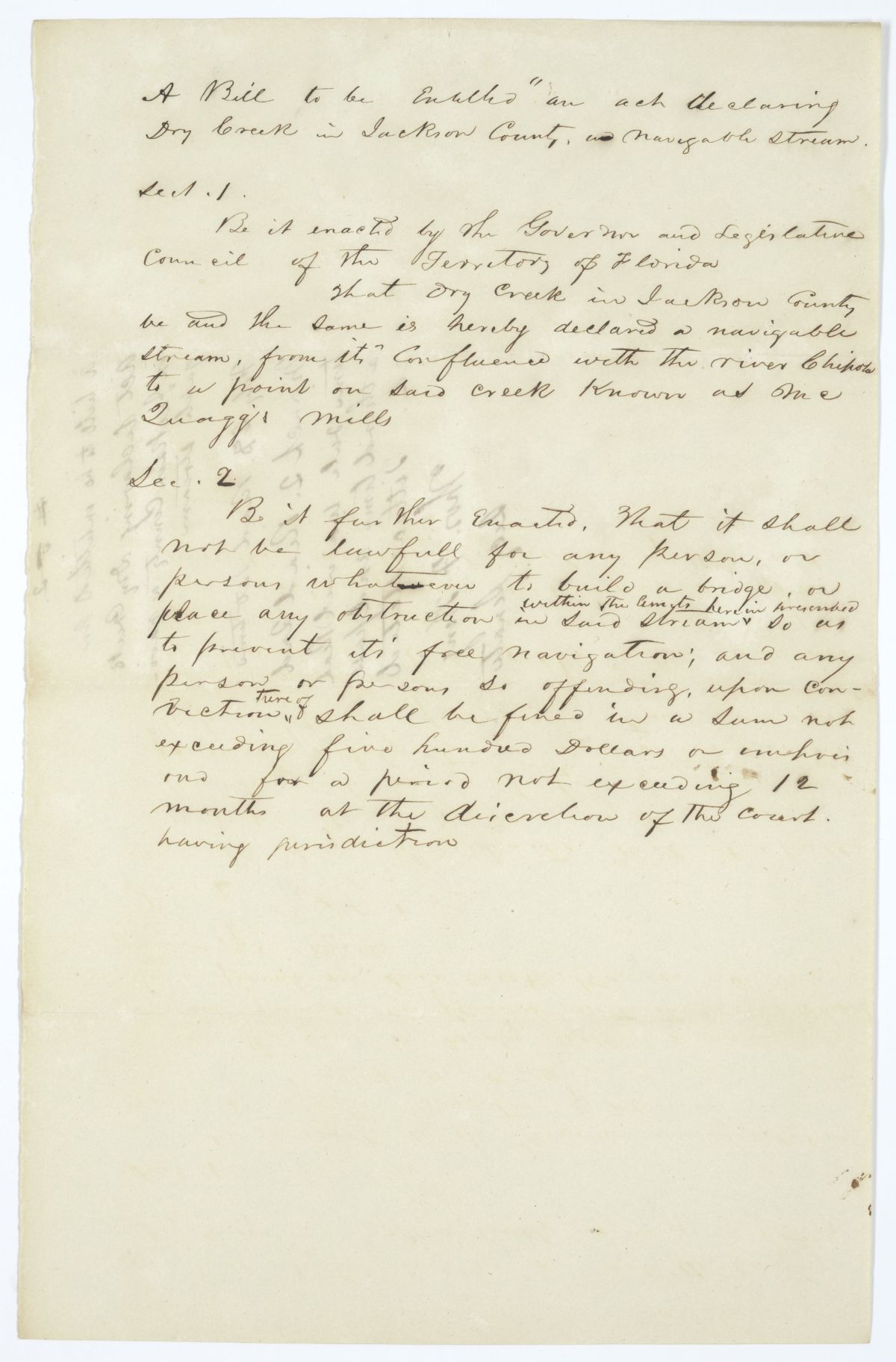 Draft of an Act Declaring Dry Creek in Jackson County a Navigable Stream, circa 1845