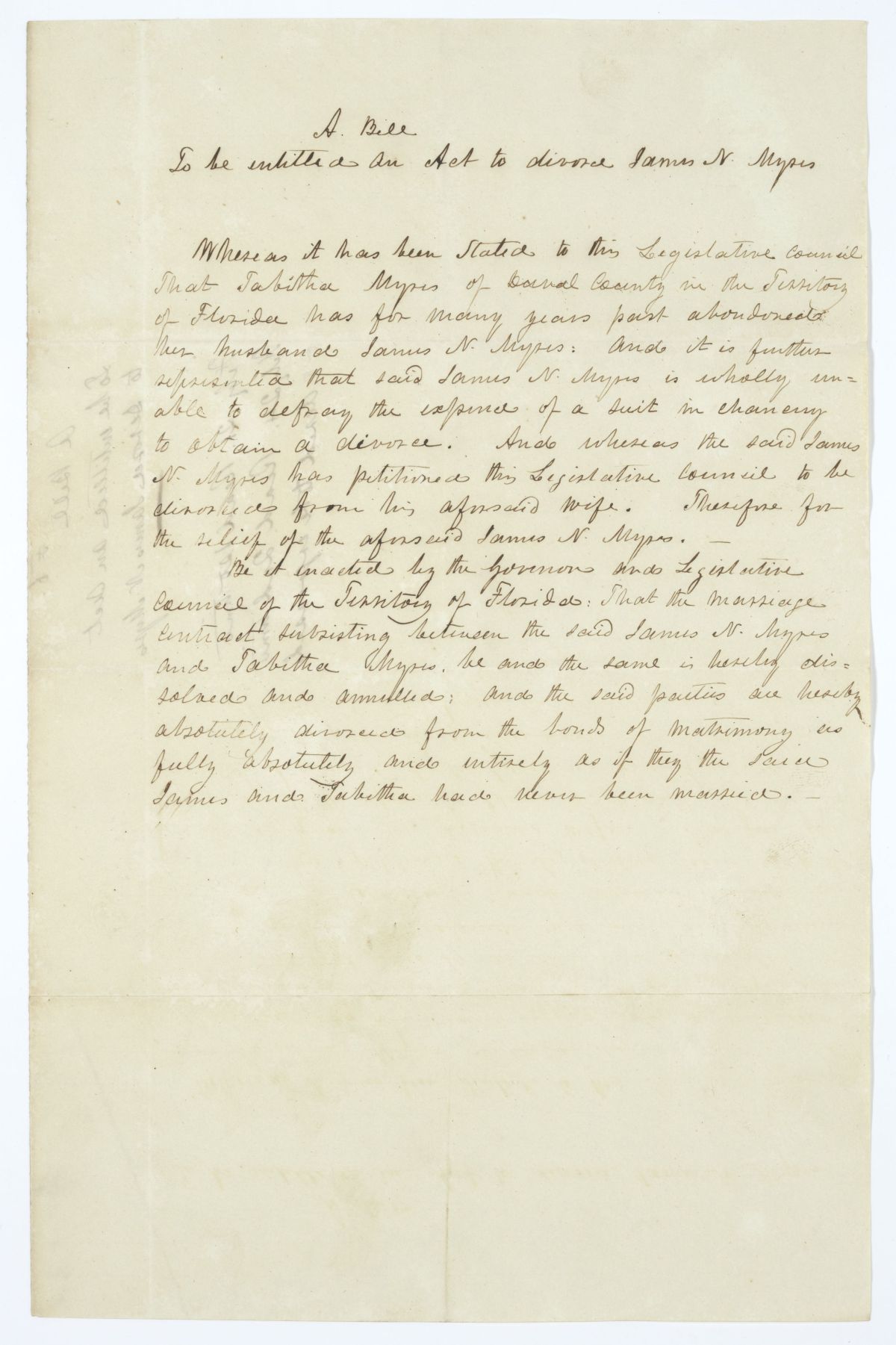 Draft of an Act to Divorce James N. Myres, circa 1845