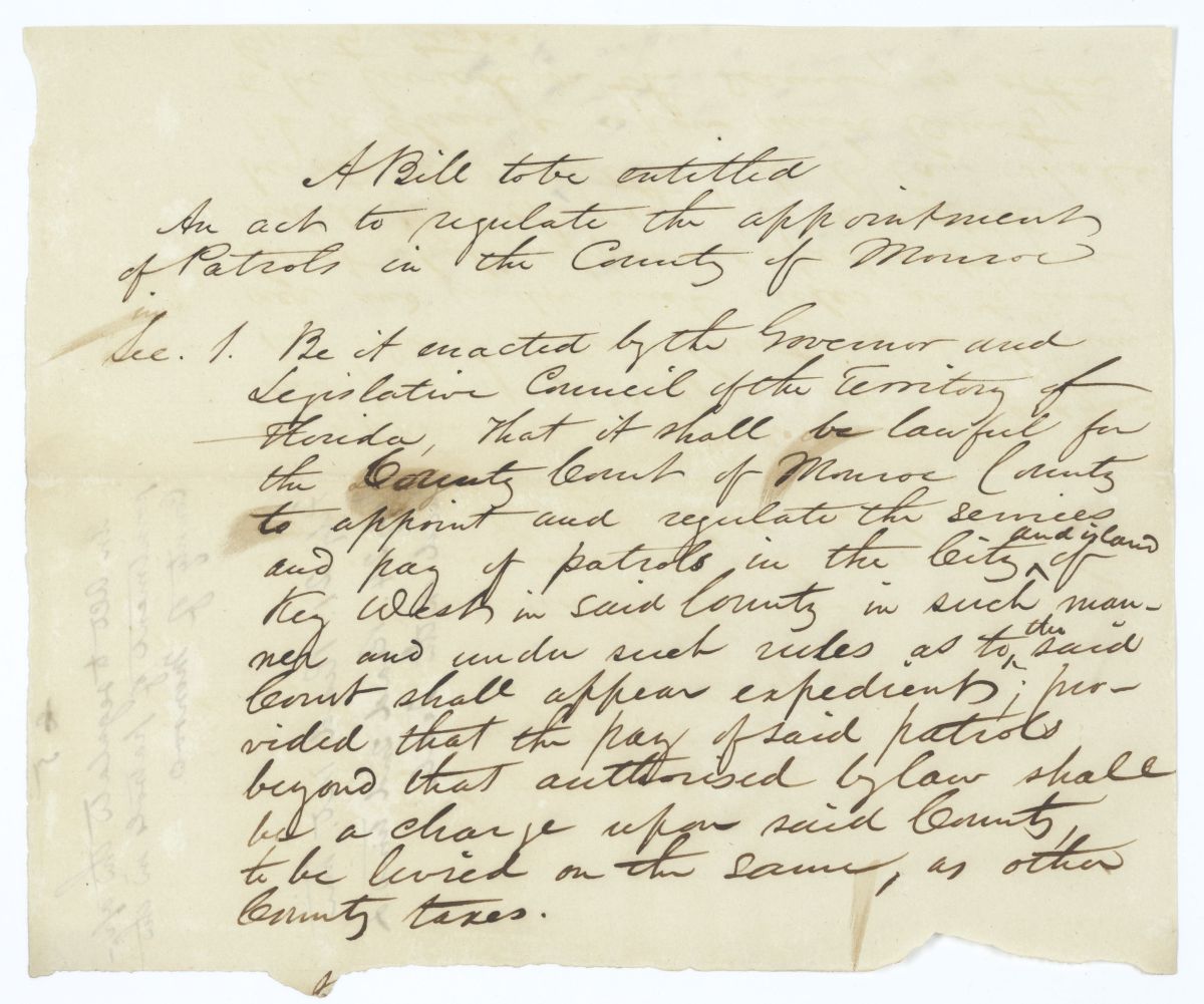 Draft of an Act to Regulate the Appointment of Patrols in the County of Monroe, circa 1845