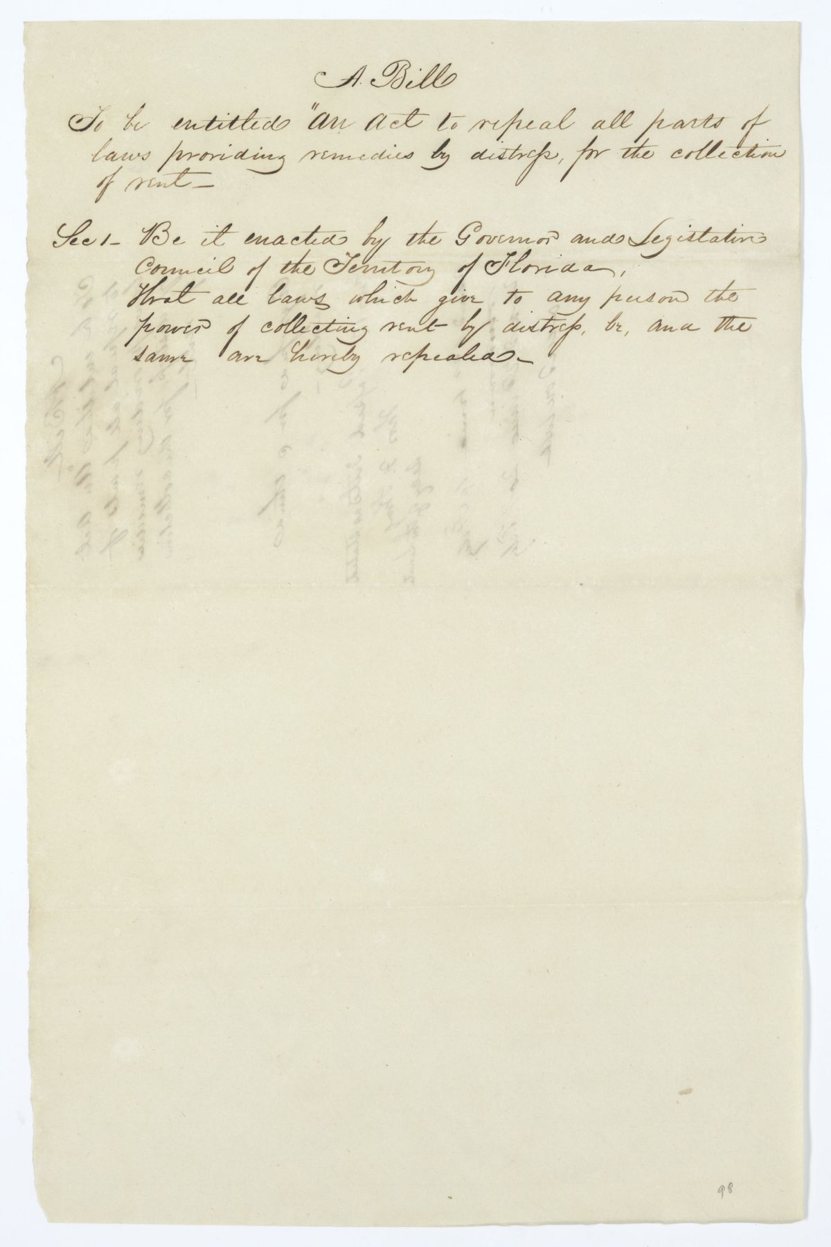 Draft of an Act to Repeal All Parts of Laws Providing Remedies by Distress for the Collection of Rent, circa 1845