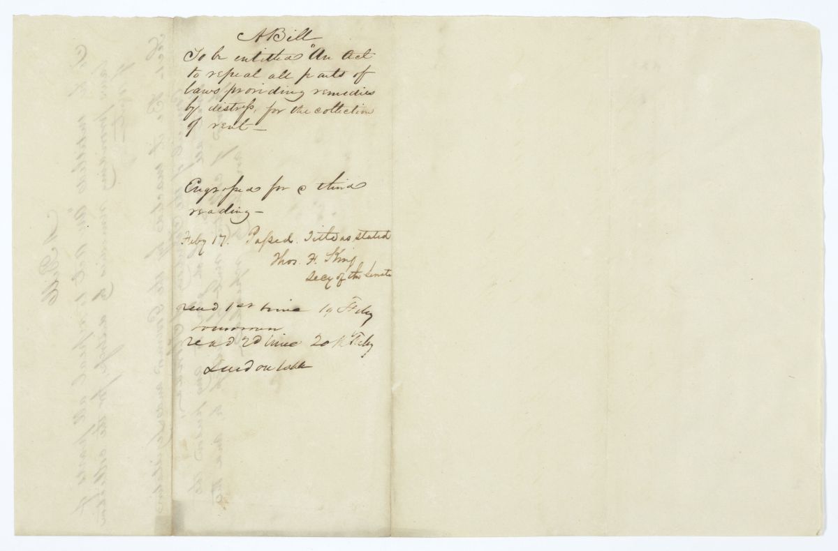 Draft of an Act to Repeal All Parts of Laws Providing Remedies by Distress for the Collection of Rent, circa 1845