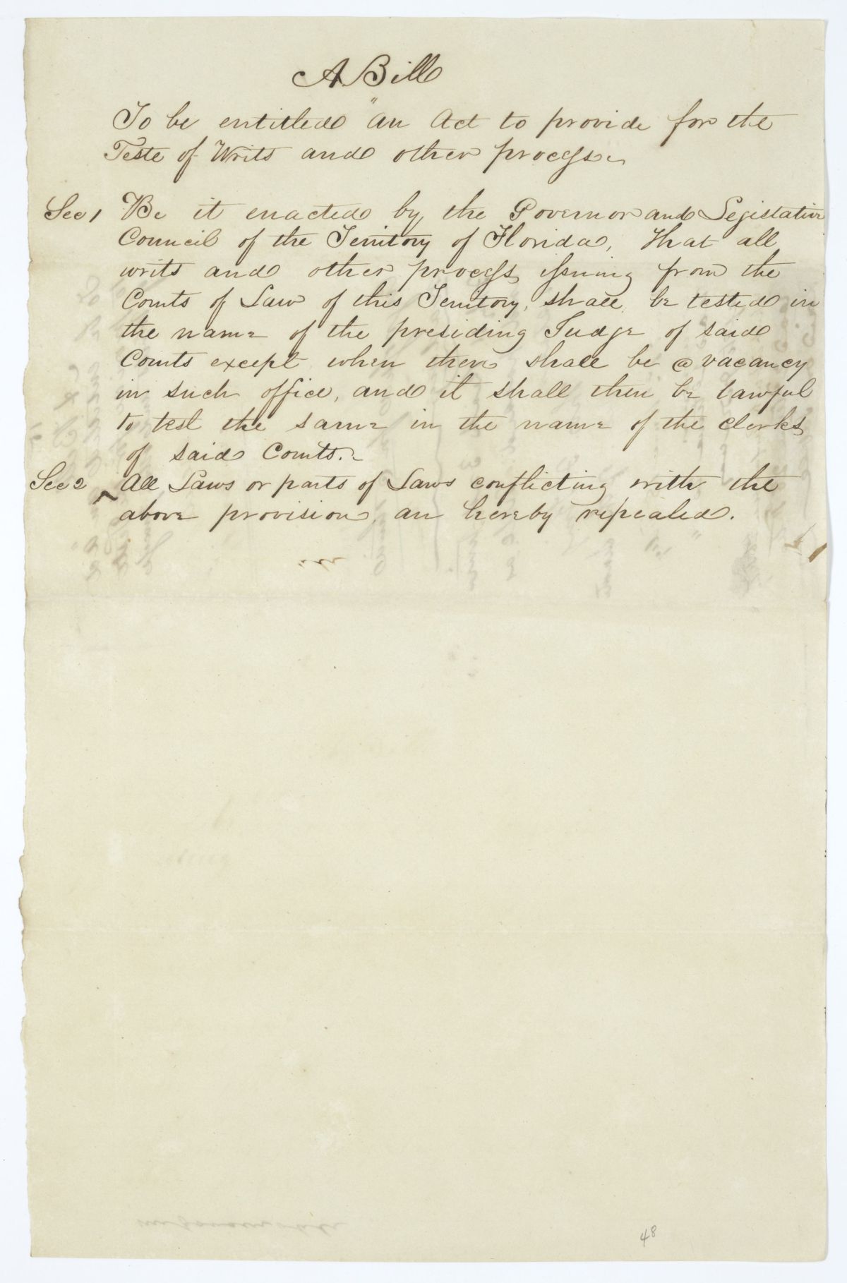 Draft of an Act to Provide for the Teste of Writs and Other Processes, circa 1845