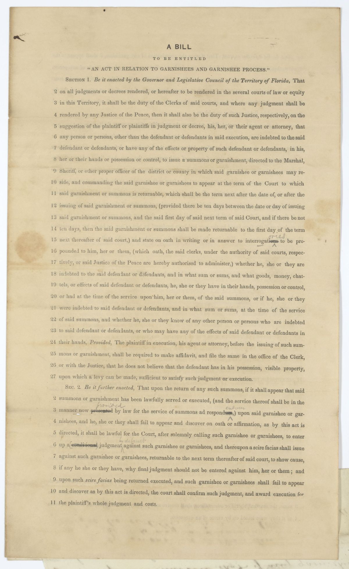 Two Drafts of Acts in Relation to Garnishees and Garnishee Process, circa 1845