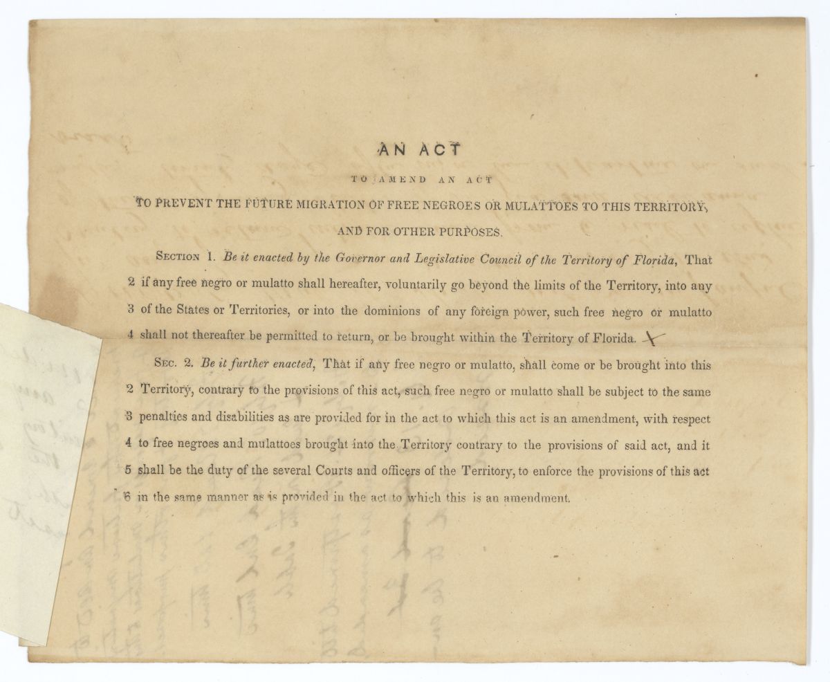 Draft of an Act to Amend an Act to Prevent the Future Migration of Free Persons of Color to the Territory, circa 1845