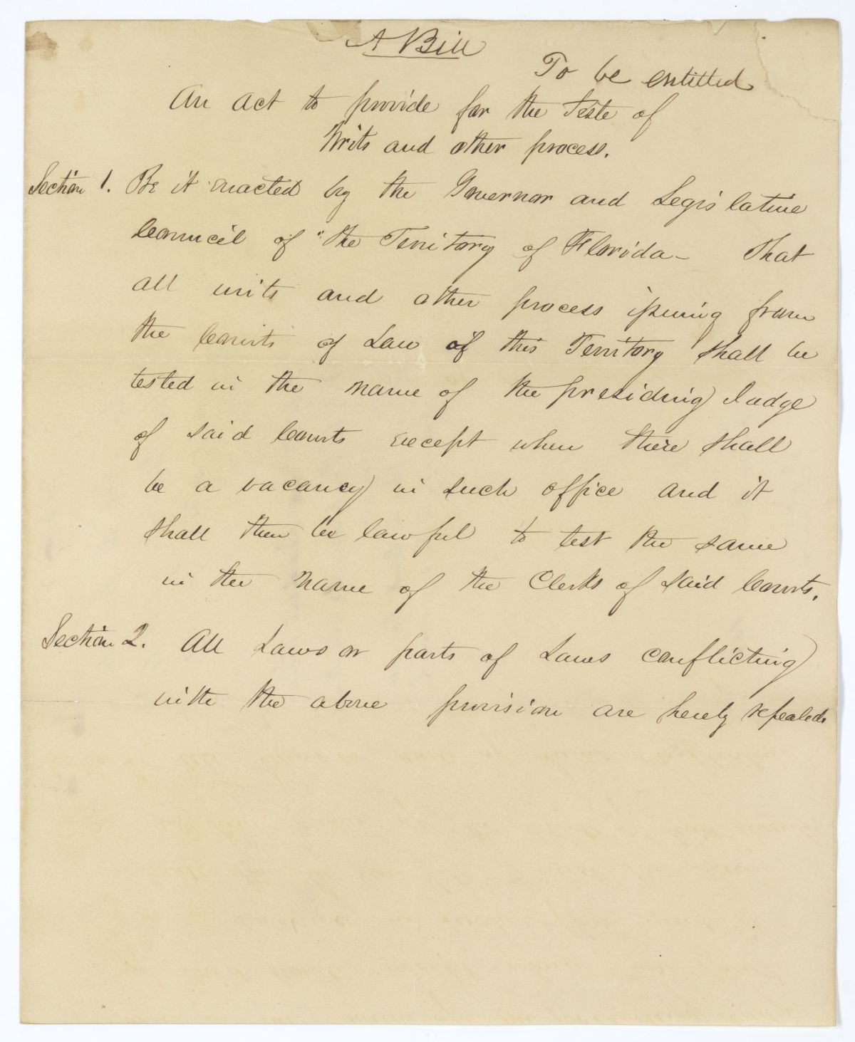 Draft of an Act to Provide for the Teste of Writs and Other Process, circa 1845