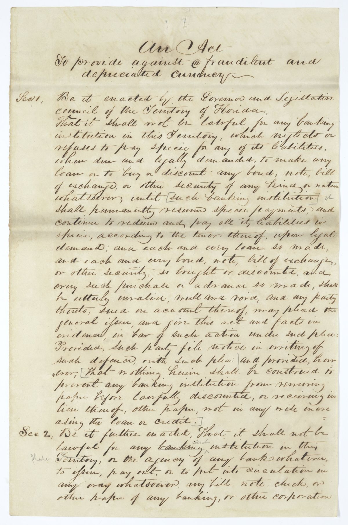 Draft of an Act to Provide Against a Fraudulent and Depreciated Currency, 1845