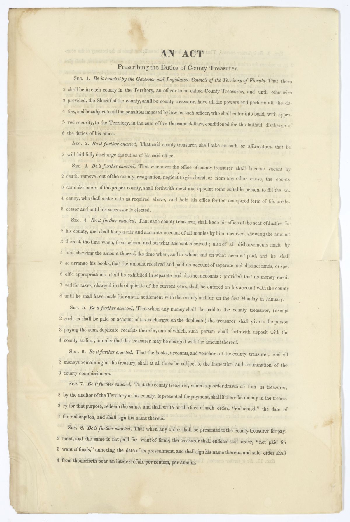 Draft of an Act Prescribing the Duties of the County Treasurer, circa 1845