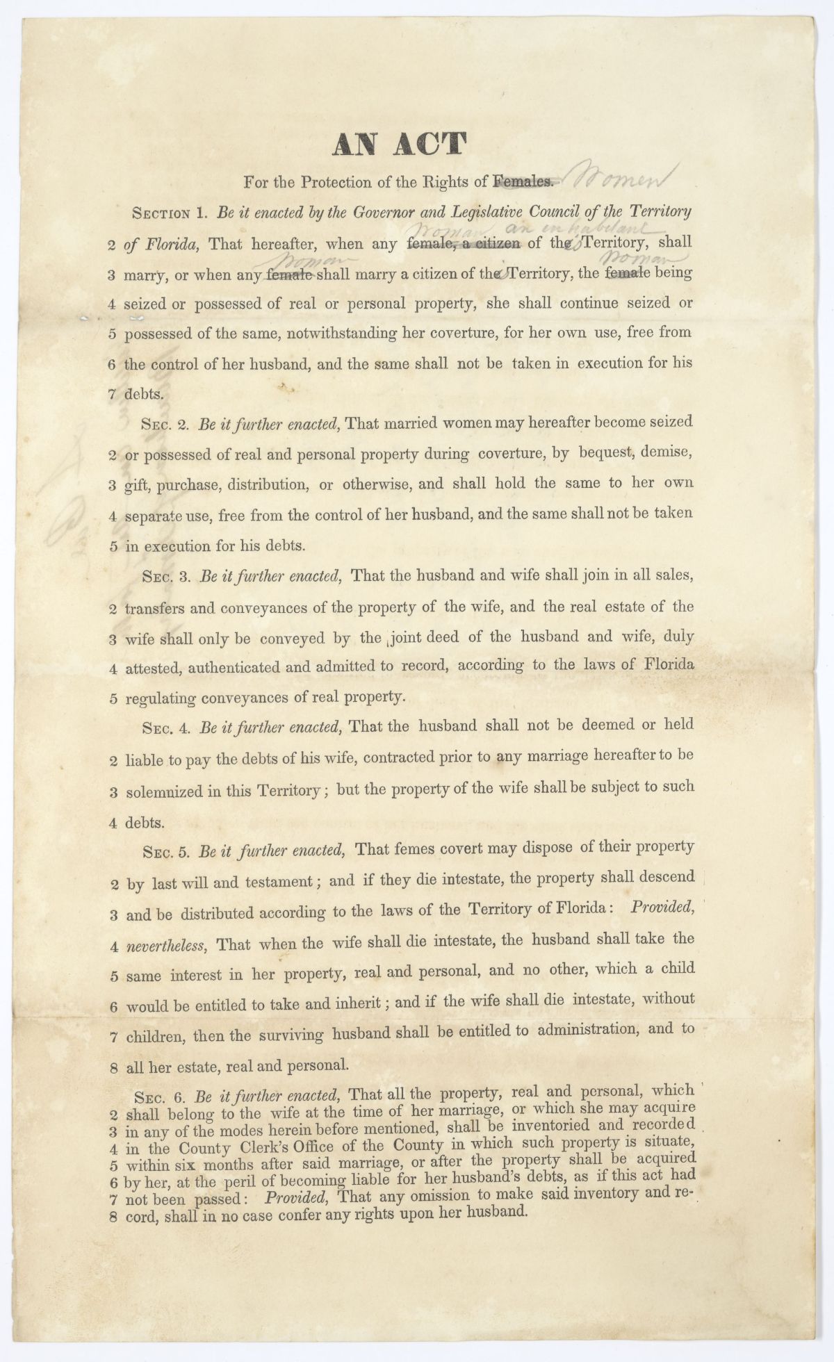 Draft of an Act for the Protection of the Rights of Females, 1845