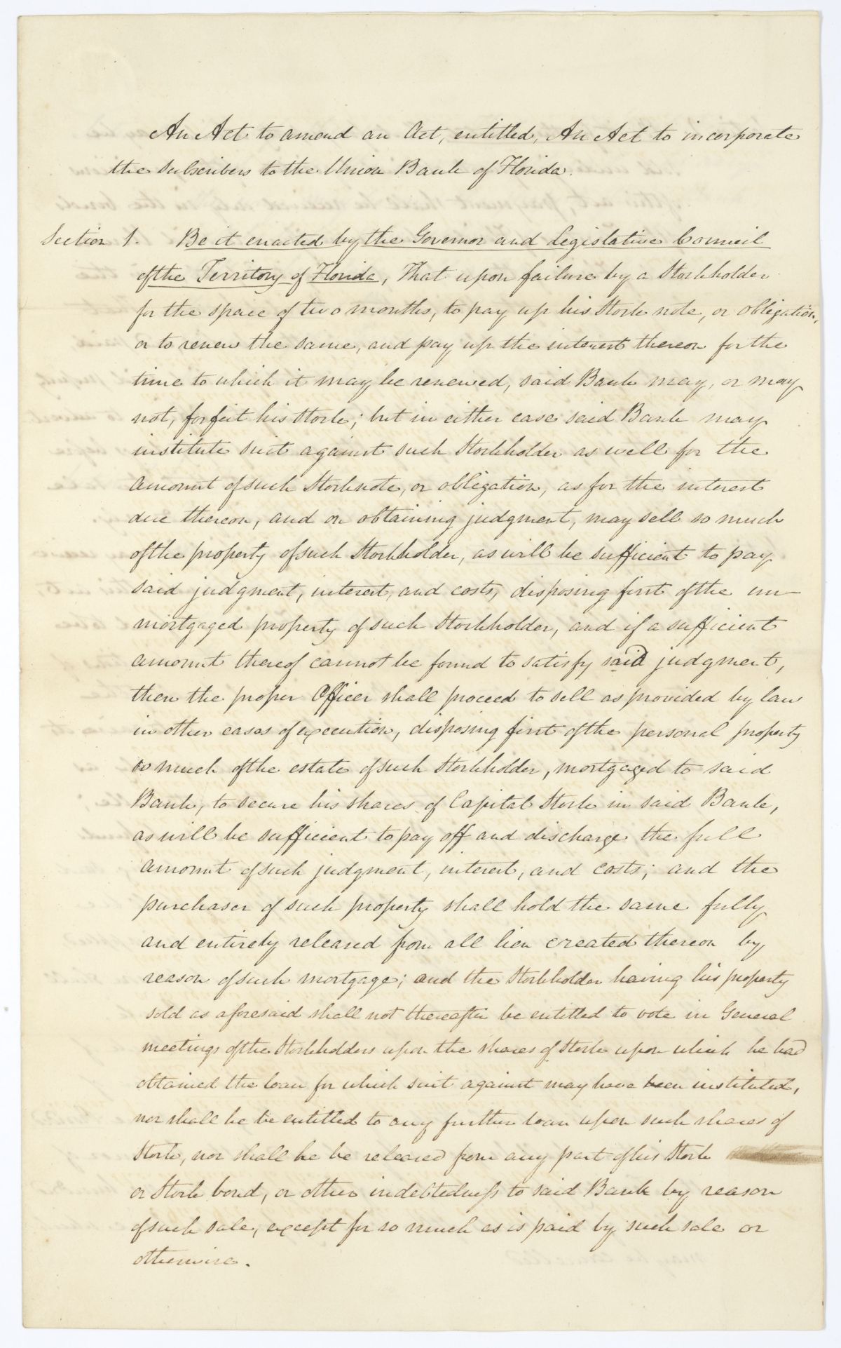 Draft of an Act to Amend an Act to Incorporate the Subscribers to the Union Bank of Florida, circa 1845