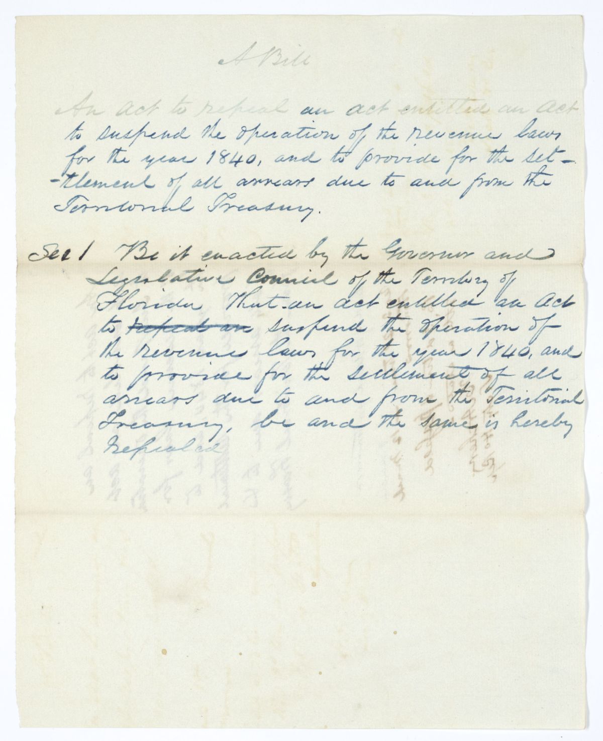 Draft of an Act to Repeal an Act to Suspend the Operation of the Revenue Laws, circa 1845