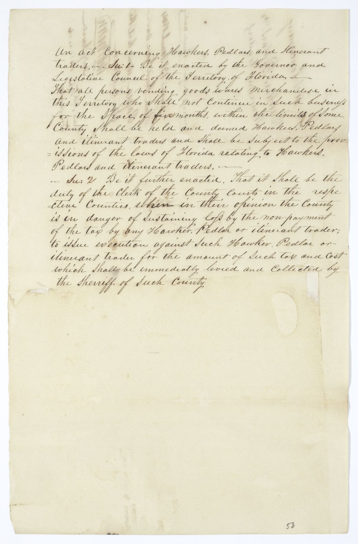 Draft of an Act Concerning Hawkers, Peddlers and Itinerant Traders, 1844