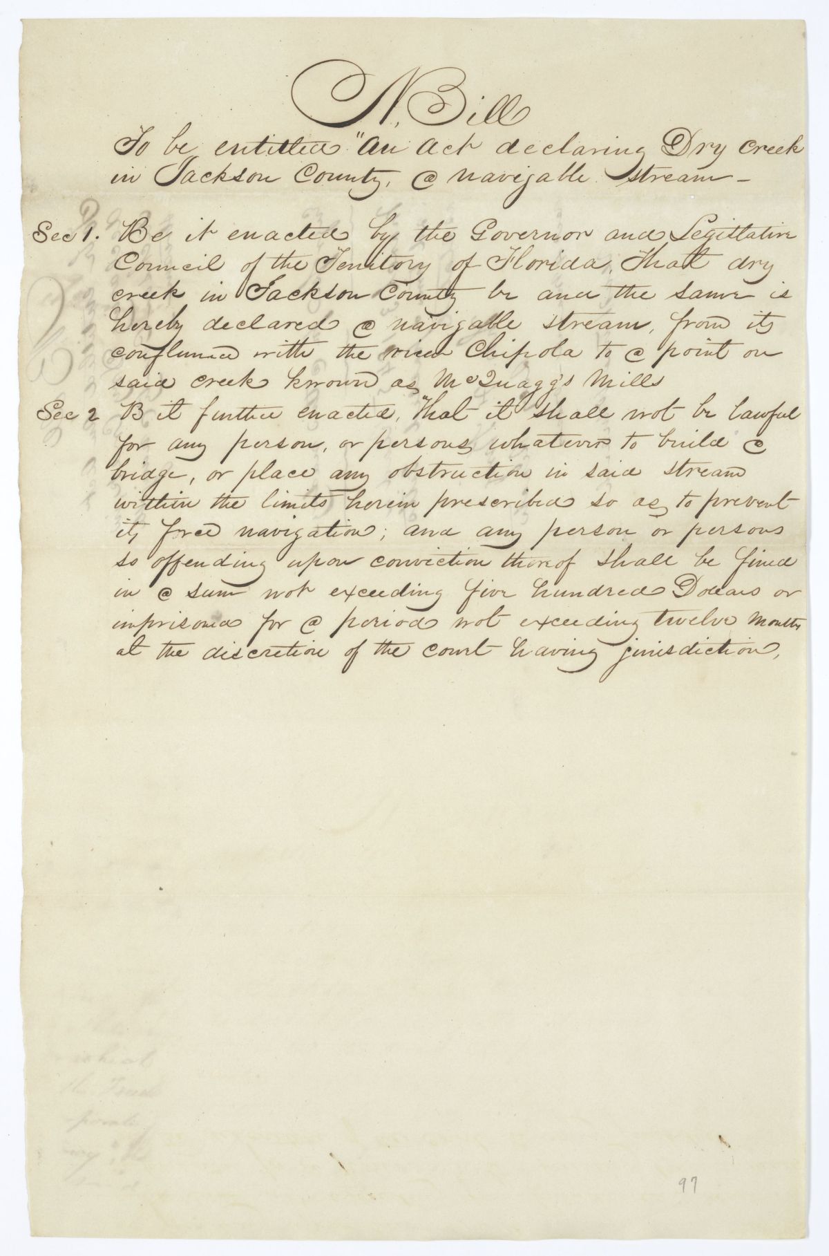 Draft of an Act Declaring Dry Creek in Jackson County a Navigable Stream, 1845