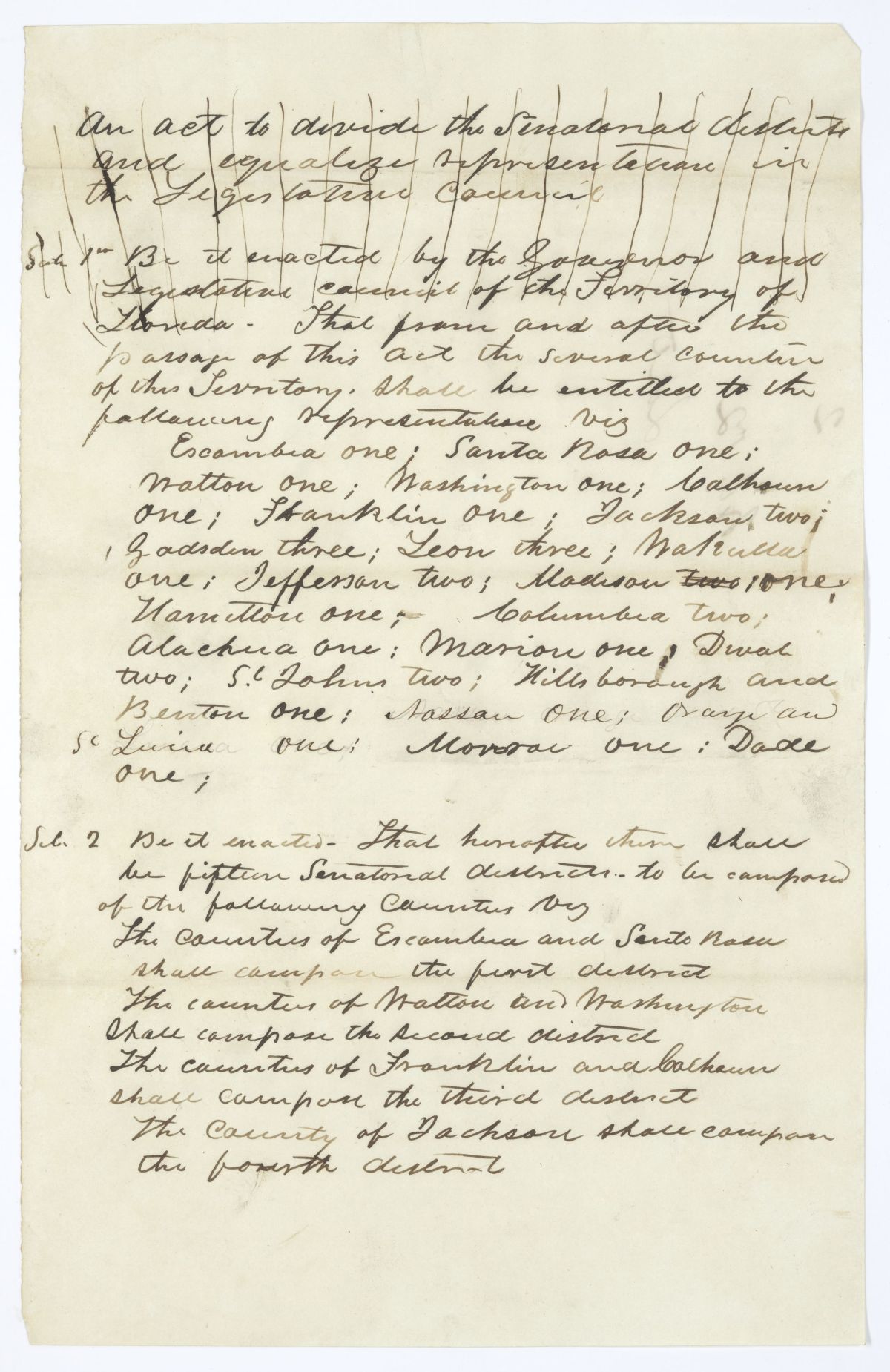 Draft of an Act to Divide the Senatorial Districts and Equalize Representation in the Territorial Legislative Council, circa 1845