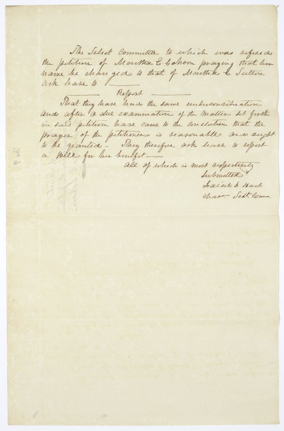 Report of the Select Committee on the Petition of Martha E. Cahoon, circa 1845