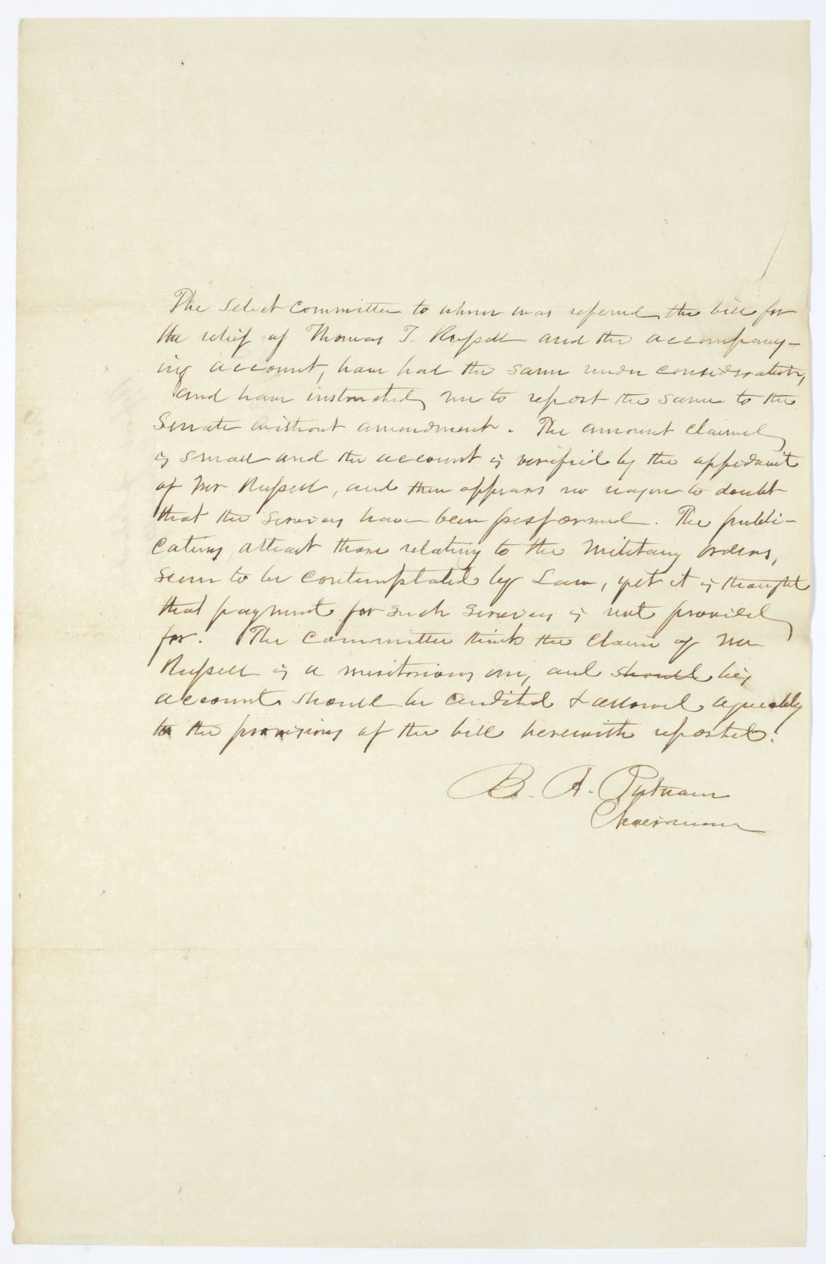 Report of the Select Committee to Whom Was Referred the Bill for the Relief of Thomas T. Russell, circa 1845