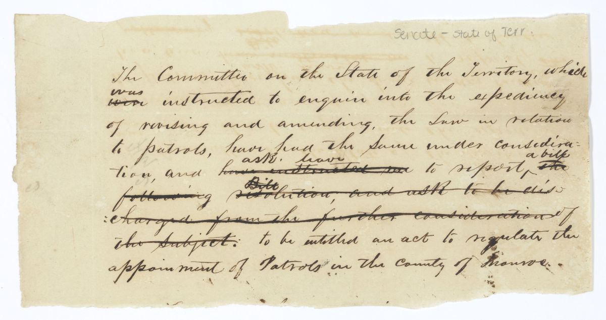 Report of the Committee on the State of the Territory Which Was Instructed to Investigate the Utility of Amending the Law on Patrols, circa 1845