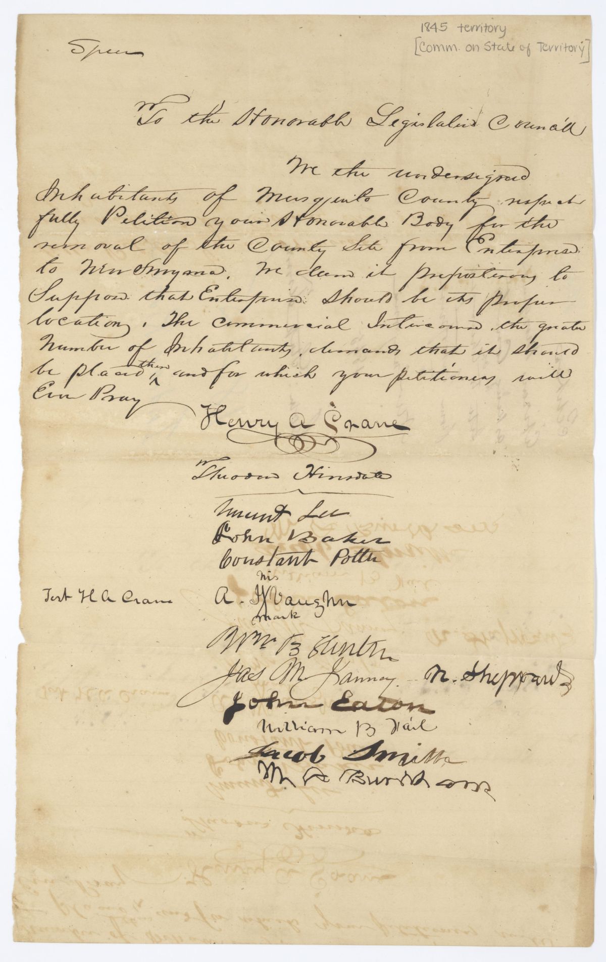 Petition of Citizens of Mosquito County Requesting that the County Seat Be Moved from Enterprise to New Smyrna, 1845