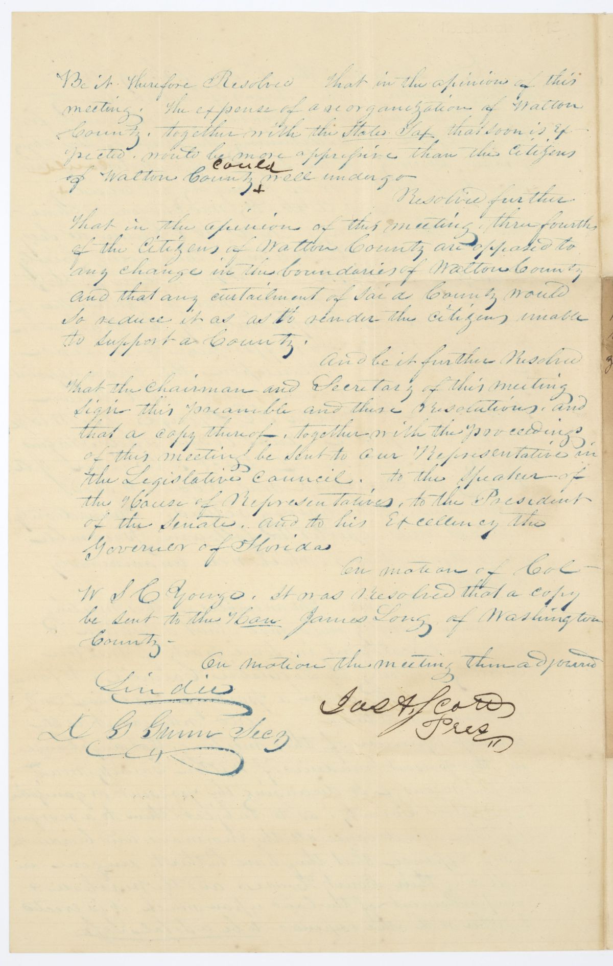 Resolution of Citizens of Walton County Concerning a Reorganization of the County, circa 1845