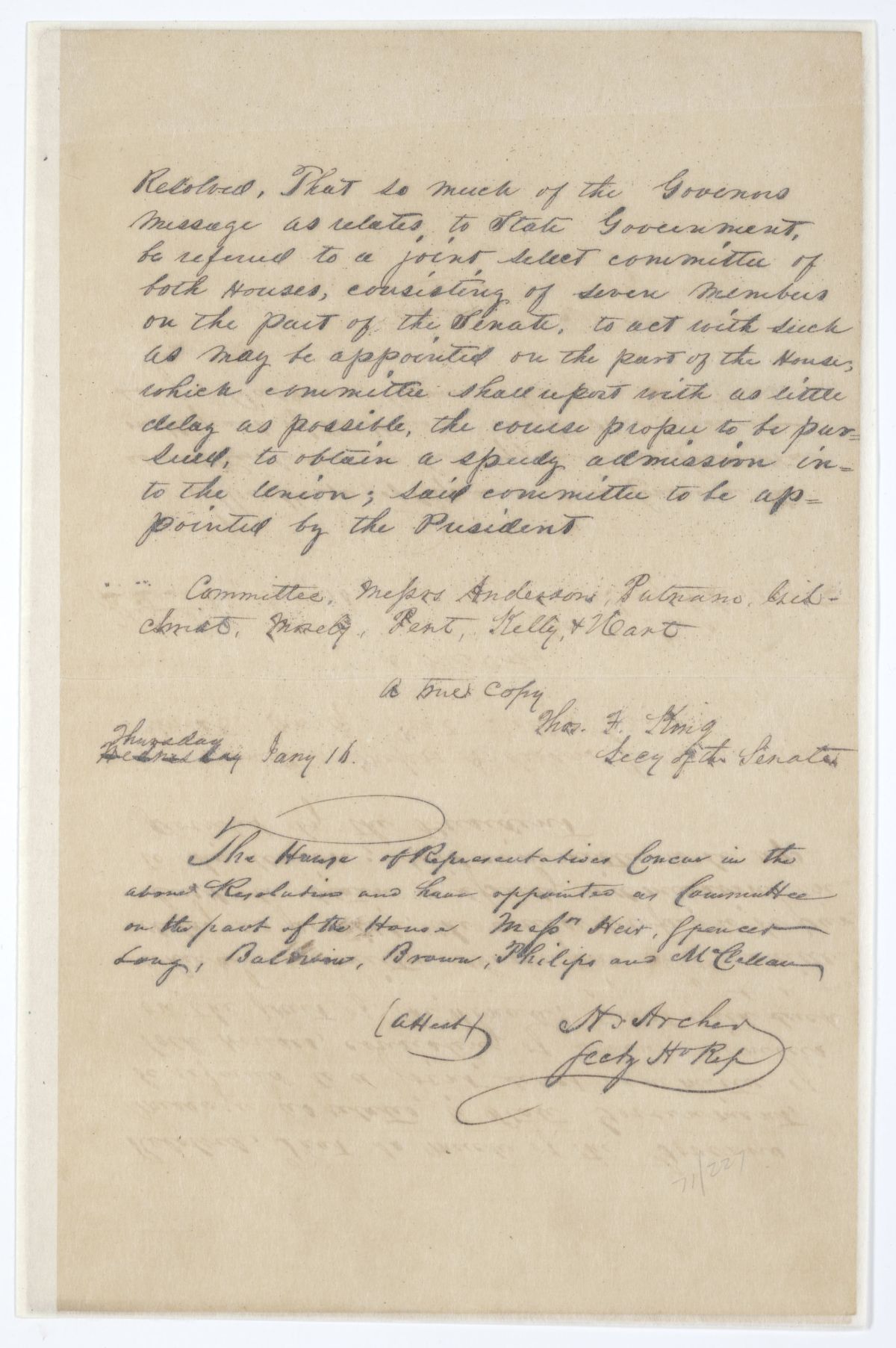 Resolution Calling for the Appointment of a Joint Select Committee to Discern a Process for Speedily Admitting Florida into the Union, 1845