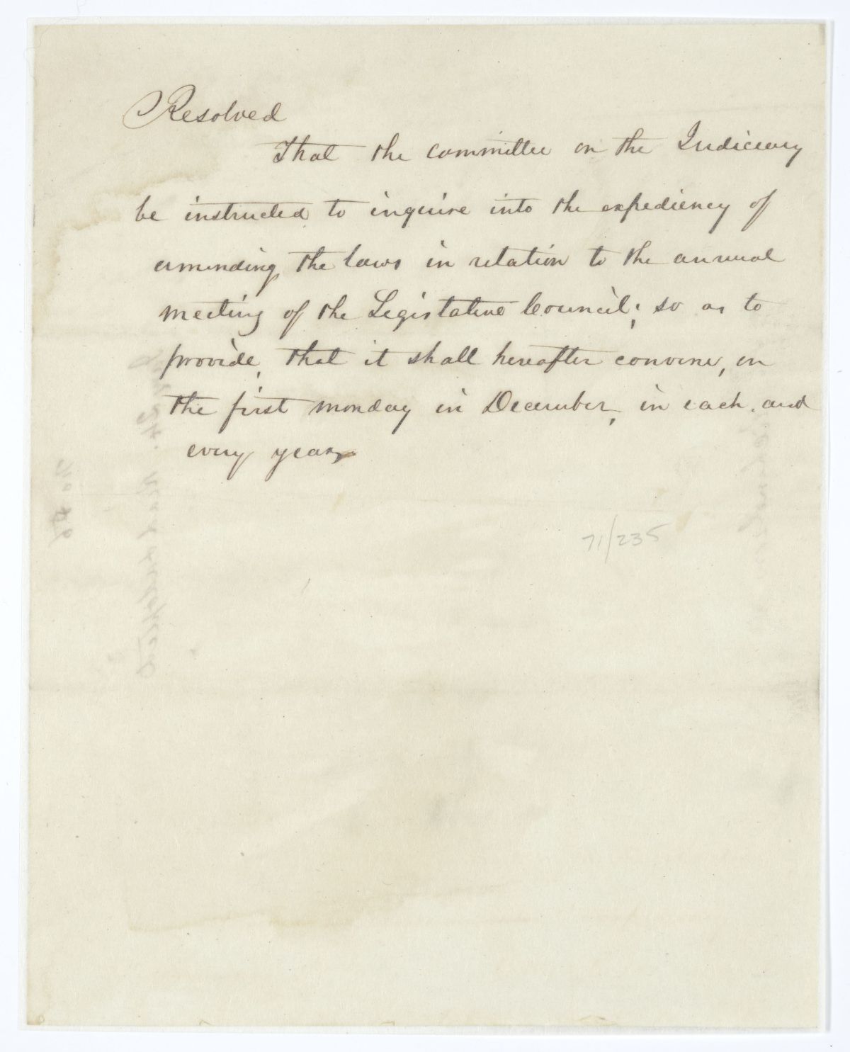 Resolution Instructing the Judiciary Committee to Investigate Amending the Law on the Time of Holding the Legislative Session, circa 1845