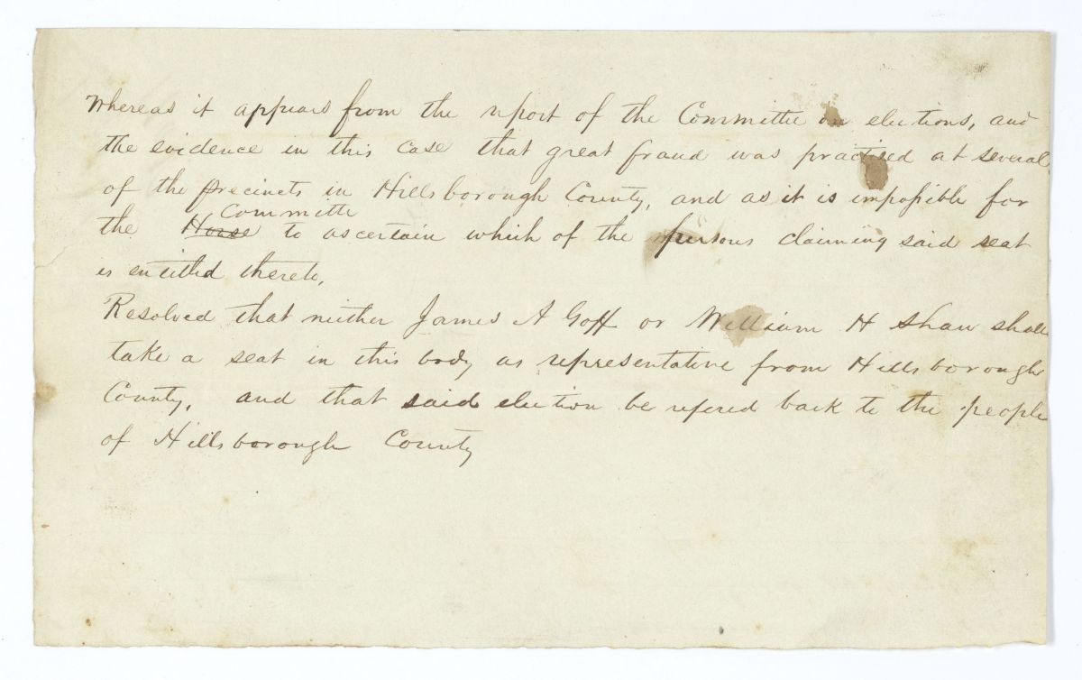 Resolution Concerning a Contested Election Between James. A. Goff and William H. Shaw for a Seat on the Territorial Legislative Council, circa 1845