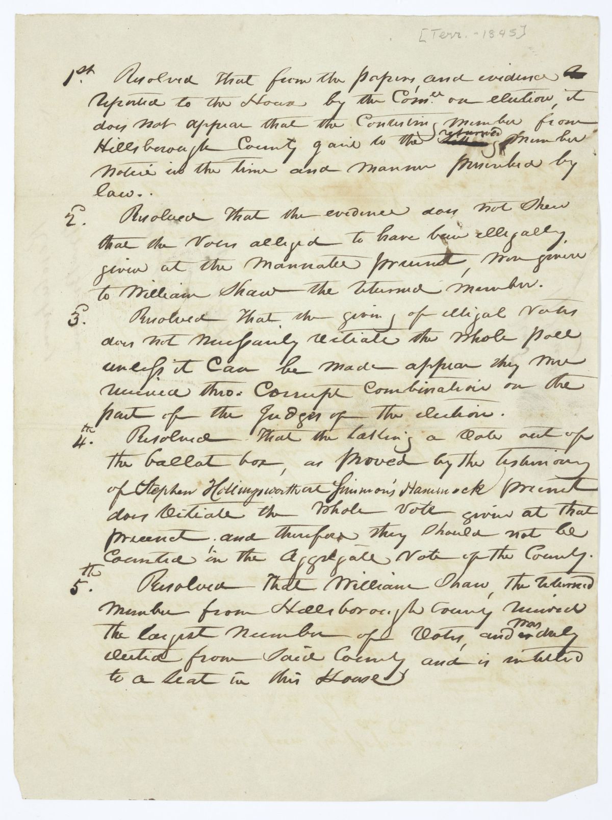 Resolutions Concerning a Contested Election in Hillsborough County for a Seat on the Territorial Legislative Council, 1845