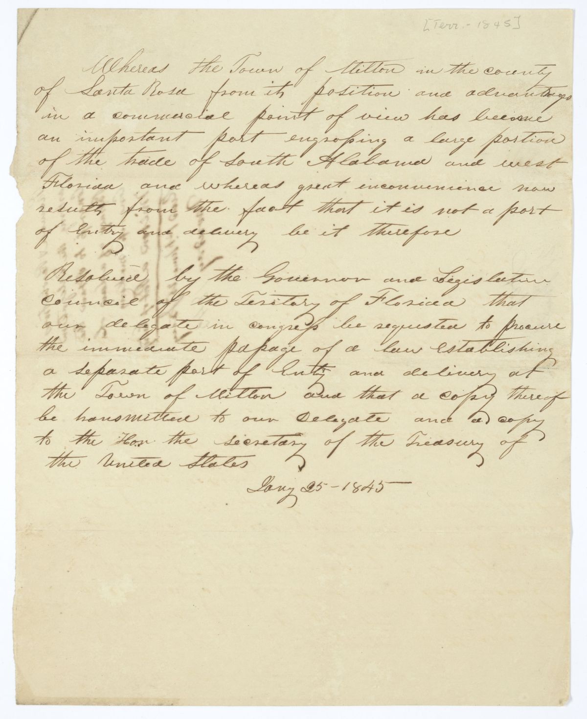 Resolution Directing the Florida Delegate in Congress to Procure the Passage of a Law Establishing a Port of Entry at the Town of Milton, 1845